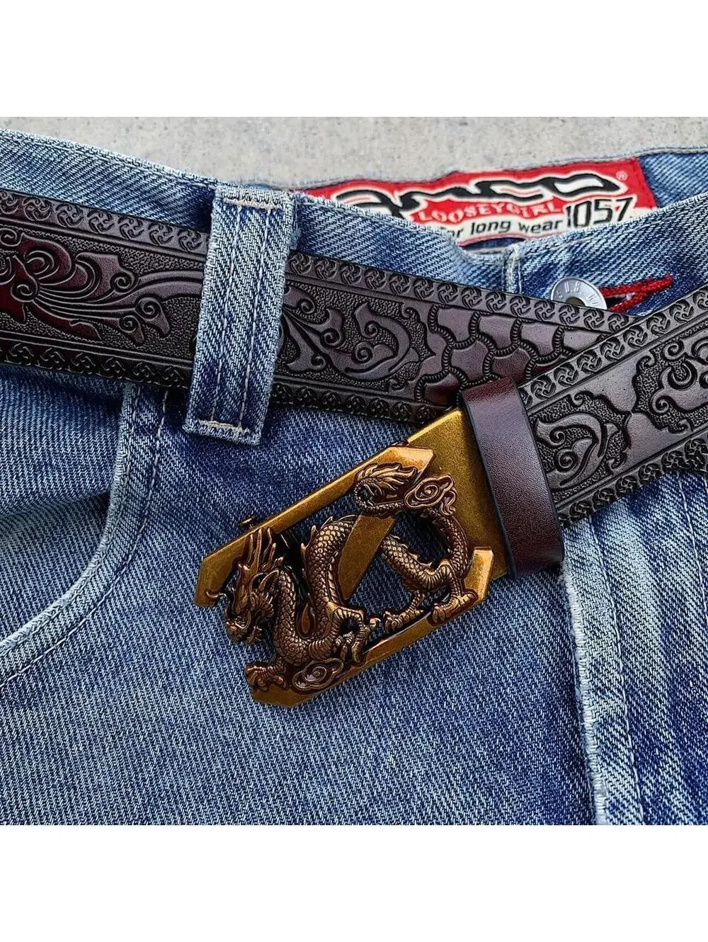 Chinese Dragon belt buckle dark brown belt. 47 inches length